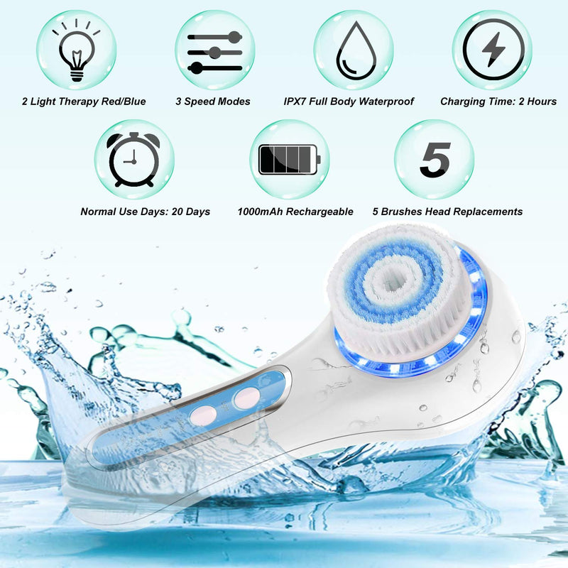 [Australia] - Facial Cleansing Brush, IPX7 Waterproof Face Scrubber with 3 Speed Modes, Face Brushes for Cleansing and Exfoliating with 5 Brush Heads, Removing Blackhead, Fully Rechargeable Blue 