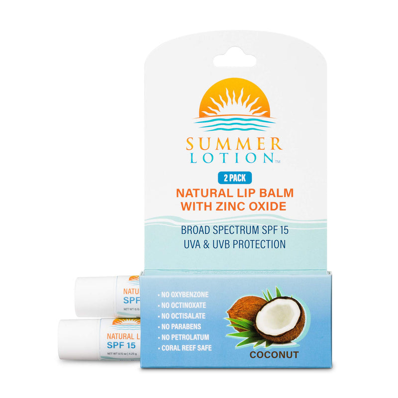 [Australia] - Natural Lip Balm with Zinc Oxide Sunblock by Summer Lotion, SPF 15 Lip Sunscreen 2-Pack, Water Resistant Chapstick, SPF Lip Protection for Everyone, (Coconut) Coconut 