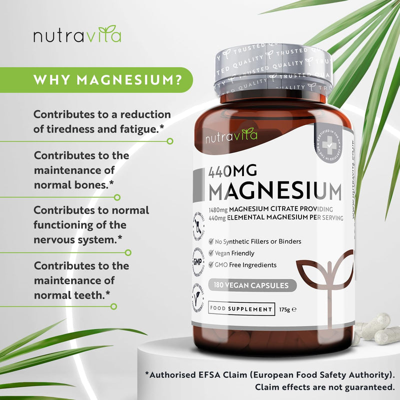 [Australia] - Super Strength 1480mg � 180 Vegan Magnesium Citrate Capsules not Magnesium Tablets � High Absorption, Premium Magnesium Supplements � 90 Days Supply � Made in The UK by Nutravita 