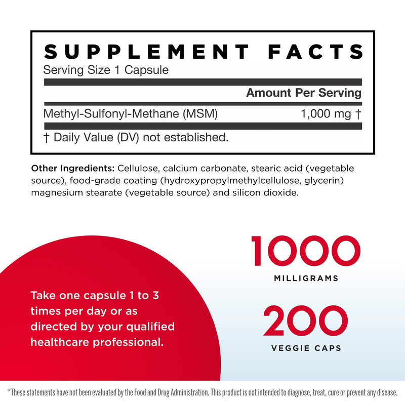 [Australia] - Jarrow Formulas MSM 1000 mg - 200 Veggie Caps - Methylsulfonylmethane - Important Source of Organic Sulfur - Strengthens Joints - Up to 200 Servings Veggie Cap 200 Count (Pack of 1) 