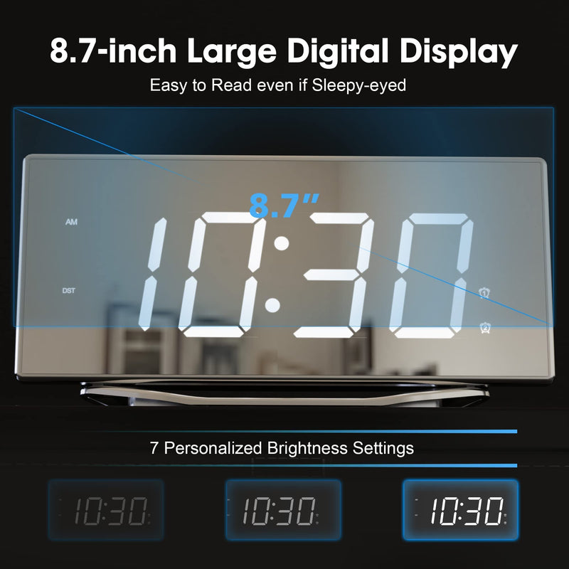 [Australia] - Digital Clock for Living Room, Loud Alarm Clock for Heavy Sleepers Adult, 8.7" Large Display LED Mirror Clock with 7-Level Dimmer,Snooze Mode,Dual USB Ports, Modern Desk Clock for Bedroom Home Office Silver-white Digits 