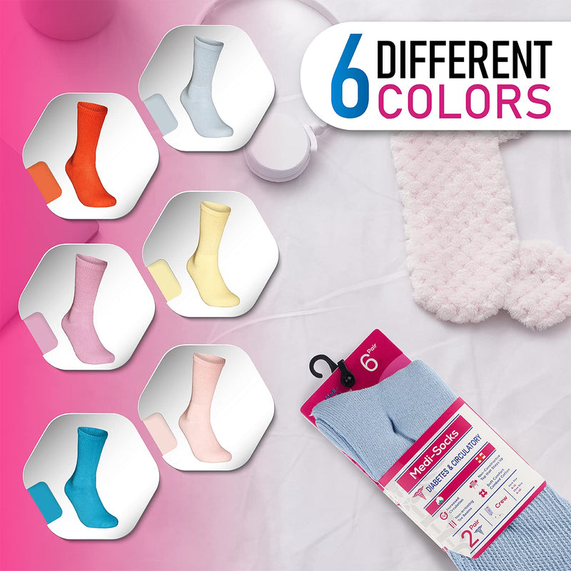 [Australia] - Special Essentials 6 Pairs Women Cotton Diabetic Socks Crew Non Binding Loose Fitting Variety Pack 