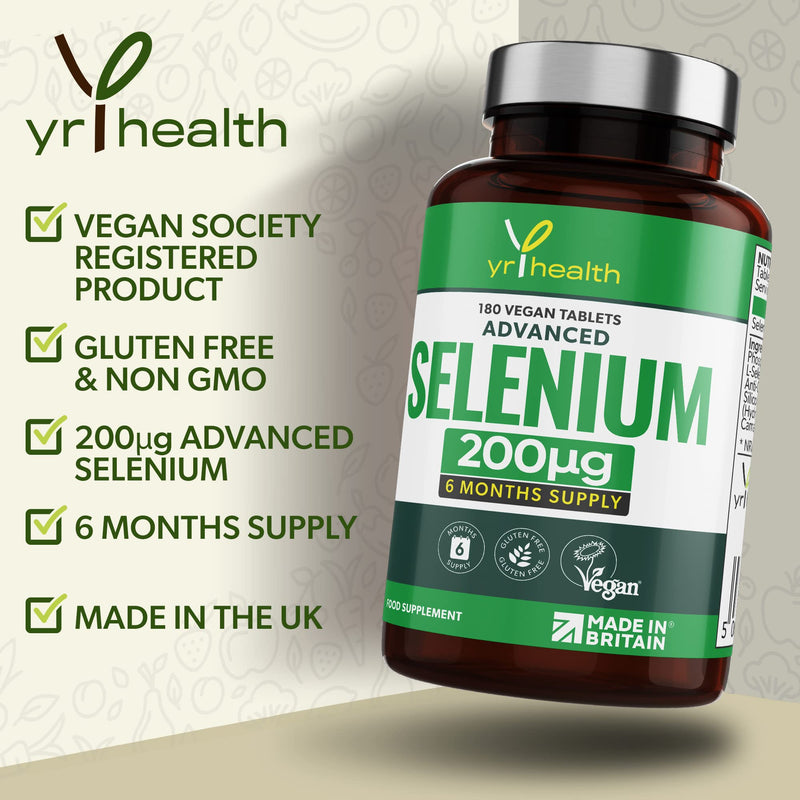 [Australia] - Selenium 200mcg Tablets - 180 Vegan Society Registered Pills, for Thyroid and Immune Health, Hair, Skin and Nails - 6 Month Supply Tablets Not Capsules - Made in The UK by YrHealth 