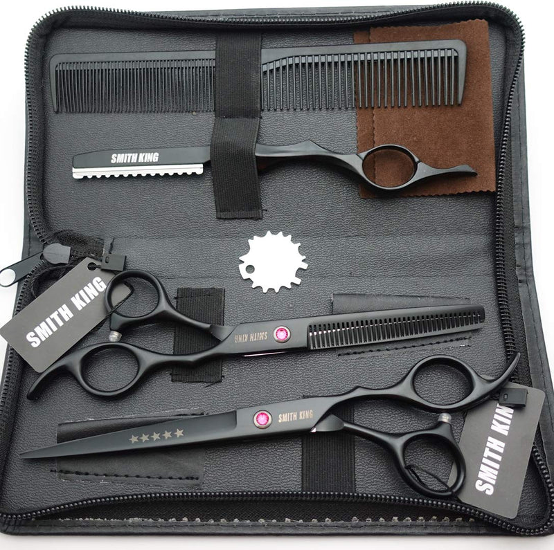 [Australia] - 7.0 inch hair scissors set Hair cutting scissors & thinning scissors with razor combs in 1 set (Black) 