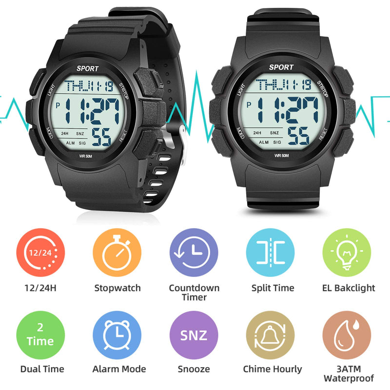 [Australia] - Beeasy Mens Digital Sports Watch Waterproof with Stopwatch Countdown Timer Alarm Mode Dual Time Watch for Men Black 