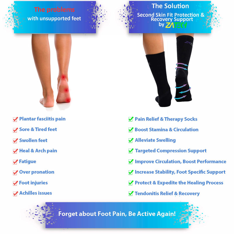 [Australia] - ZaTech Merino Plantar Fasciitis Relief Sock, Light Micro Crew Compression Socks Denim Blue/Black Medium 