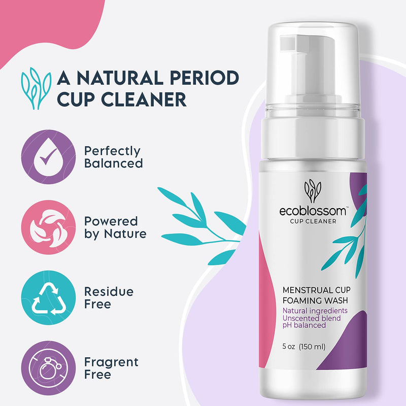 [Australia] - Ecoblossom Menstrual Cup Cleaner - Unscented Foaming Sterilizer Wash for Silicone Period discs - Wipes Clean, Organic Ingredients, Natural, pH-Balanced - 5oz 