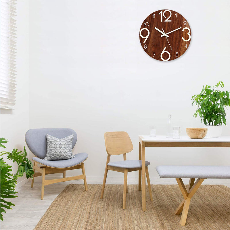 [Australia] - Plumeet Luminous Wall Clock - 12'' Non-Ticking Silent Wooden Clocks with Night Light - Large Decorative Wall Clock for Kitchen Office Bedroom,Battery Operated (Brown Face) Country Rustic 