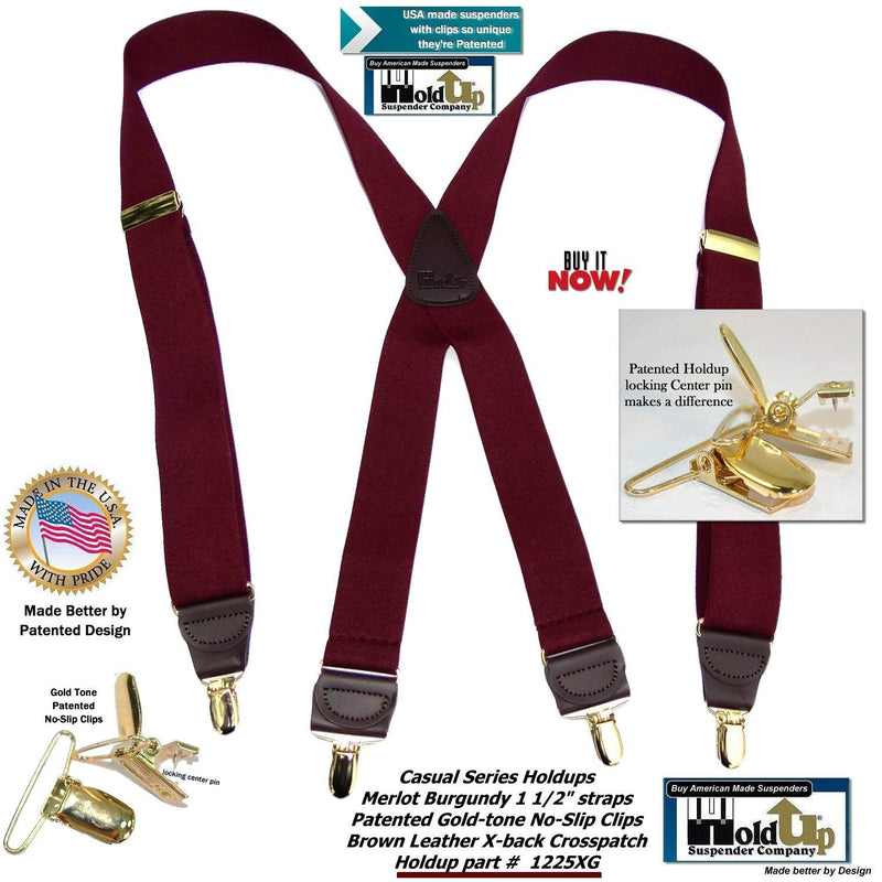 [Australia] - HoldUp Brand Merlot Burgundy X-back Suspenders with patented No-Slip Gold-tone center pin clips 