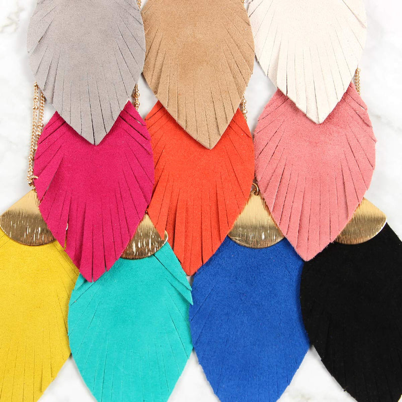 [Australia] - RIAH FASHION Bohemian Genuine Leather & Feather Fringe Tassel Pendant Statement Necklace - Long Chain Real Suede Leaf, Feather Charm Suede Feather - Hot Pink 