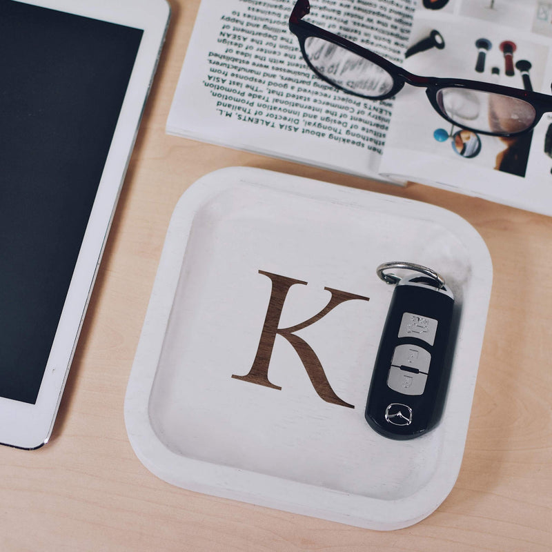 [Australia] - Solid Wood Personalized Initial Letter Jewelry Display Tray Decorative Trinket Dish Gifts For Rings Earrings Necklaces Bracelet Watch Holder (6"x6" Sq White "K") 6"x6" Sq White "K" 