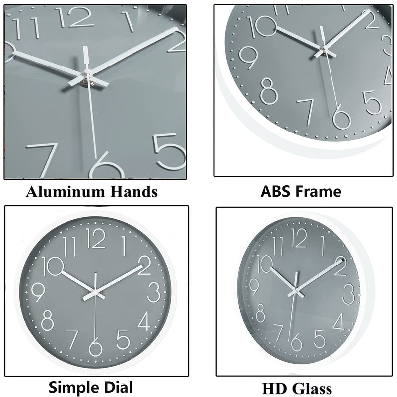 [Australia] - 12in Non-Ticking Wall Clock, JUSTUP Silent Battery Operated Wall Clock with ABS Frame HD Glass Cover for Kids Living Room Bedroom Kitchen School Office Decor (Gray) Gray 