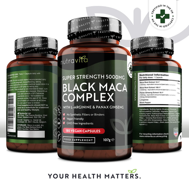 [Australia] - Maca Root Capsules 5000mg (High Strength) – 180 Vegan Black Maca Capsules (6 Month Supply) – Not Tablets – 100% Peruvian Maca – with L-Arginine, Panax Ginseng & Black Pepper – Made in UK by Nutravita 