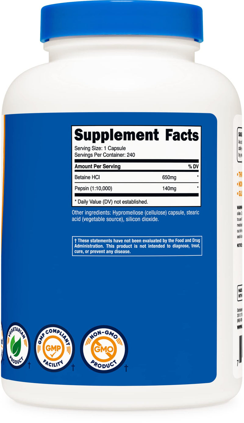 [Australia] - Nutricost Betaine HCl + Pepsin 790mg, 240 Capsules - Gluten Free & Non-GMO 240 Count (Pack of 1) 