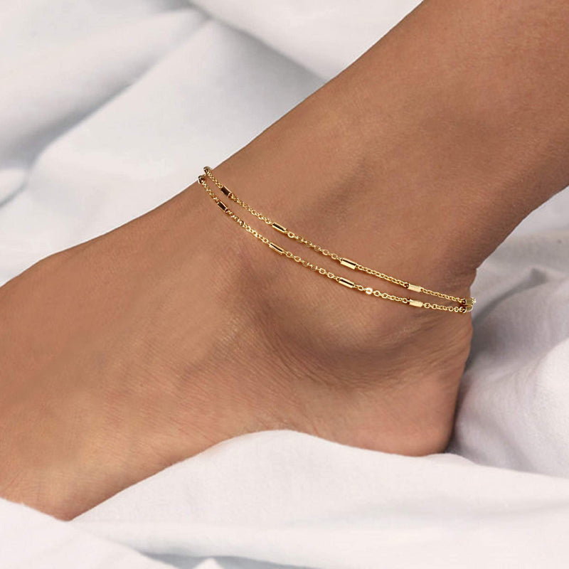 [Australia] - WEARON Women Dainty Anklet,14K Gold Plated Satellite Anklet Double Layered Cute Beads Chain Disc Summer Ankle Bracelet Boho Beach Foot Chain cylinder layered 