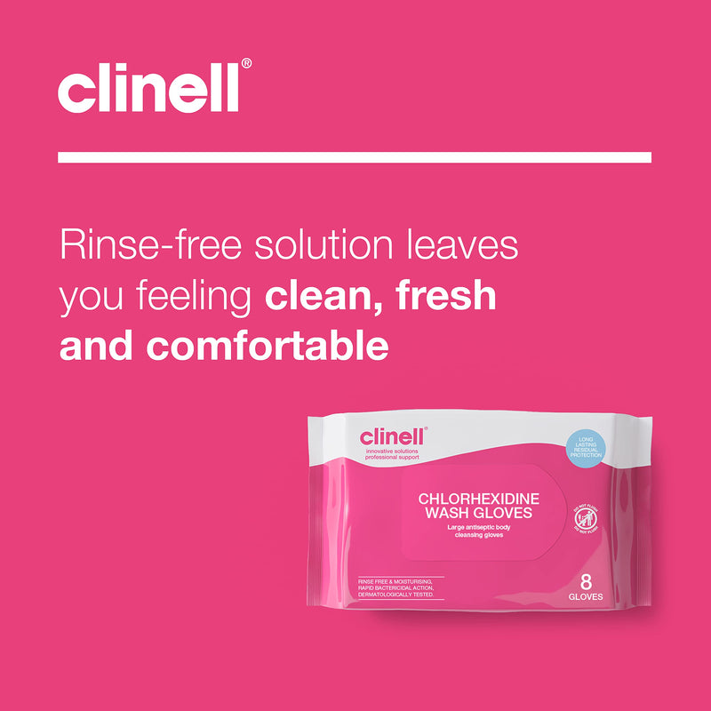 [Australia] - Clinell Chlorhexidine Wash Gloves - Pack of 8 Gloves - Body Wipes, Rinse Free Solution, Kills Bacteria, Dermatologically Tested Single 