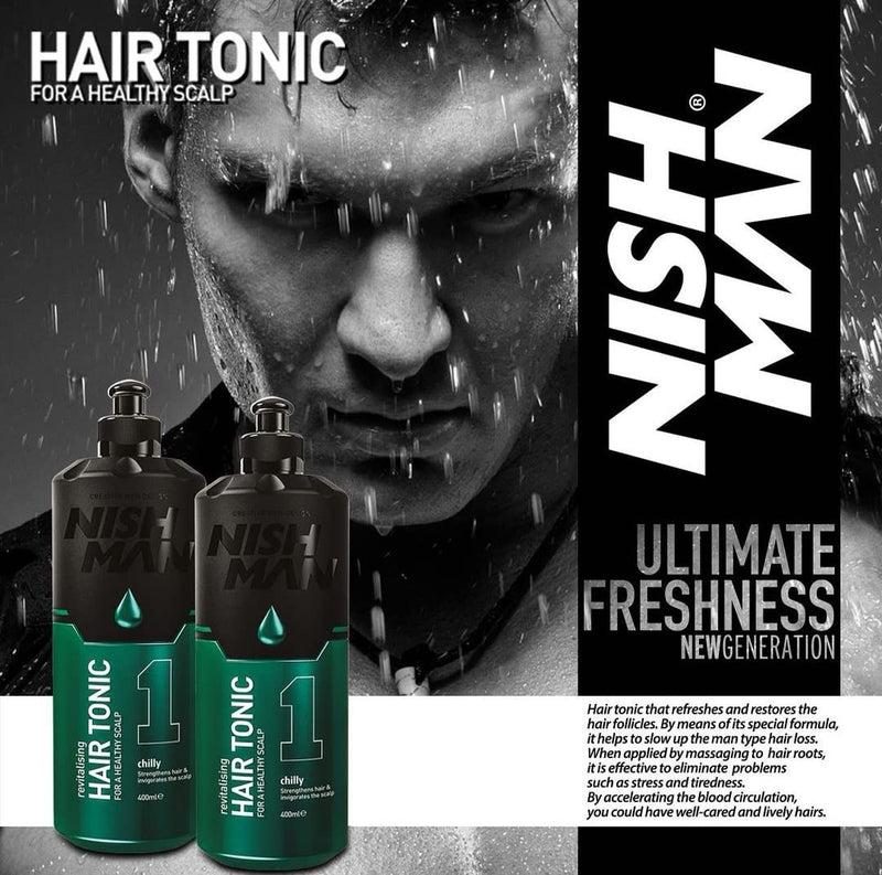 [Australia] - Nish Man Grooming Chilly Hair Tonic - Nishman Tonic Revitalizing Refreshing for a Healthy Scalp - Accelerates Blood Circulation - Prevents Dandruff - Slow Down Male Hair Loss – 400ml 