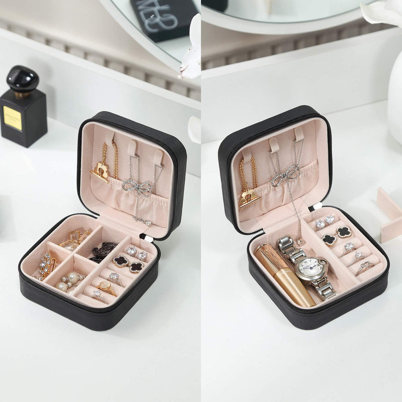 [Australia] - Casegrace Portable Travel Mini Jewelry Box Matte Leather Jewellery Ring Organizer Case Storage Gift Box Girls Women Black-1 