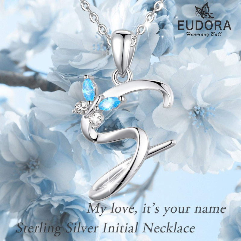 [Australia] - EUDORA Sterling Silver Necklace 26 Letters Alphabet Personalized Charm Pendant with 18inch O-Ring Chain S with Butterfly 