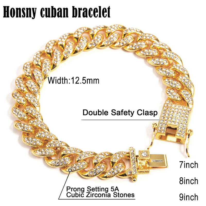 [Australia] - Cuban Link Bracelet for Men Women 13mm Iced Out Cuban Bracelet 18k Gold Plated CZ Diamond Cuban Link Chain Bling Miami Bangle Hip Hop Bracelet Jewelry for Men Women Honsny gold 7inch 