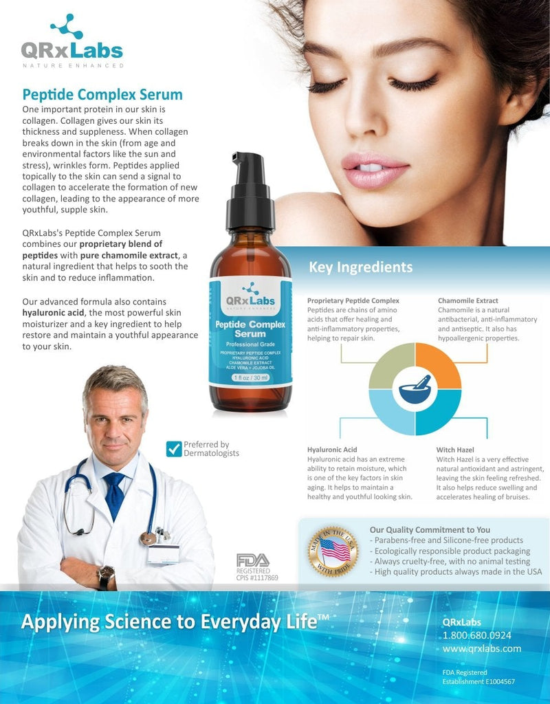 [Australia] - QRxLabs Peptide Complex Serum/Collagen Booster For The Face With Hyaluronic Acid And Chamomile Extract - Anti Aging Peptide Serum, Reduces Wrinkles, Heals And Repairs Skin - Tightening Effect 
