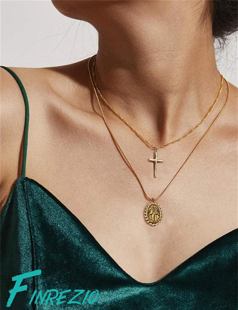 [Australia] - Finrezio 14K Gold-Plated Catholic Christian Jewelry Cross and Virgin Mary Pendant Necklace for Women Multilayer Necklace Set 