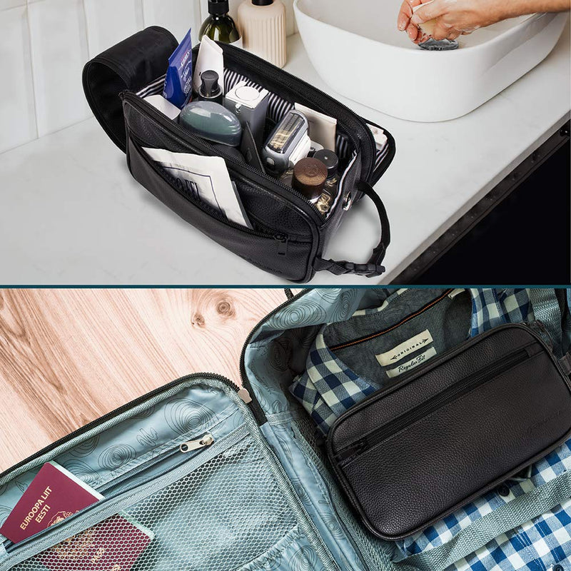 [Australia] - PAVILIA Toiletry Bag for Men, Travel Toiletries Bag|Water-resistant Dopp Kit, Leather Shaving Organizer for Cosmetic, Hygiene One Size Black 