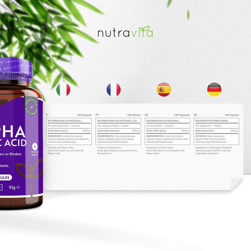 [Australia] - Alpha Lipoic Acid 650mg – 120 High Strength Vegan-Friendly Capsules – 100% Natural, No Synthetic Binders or Fillers – 4 Month Supply – Made in The UK by Nutravita 