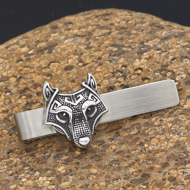 [Australia] - GuoShuang Stainless Steel Nordic Viking Norse Small Amulet Rune Wolf Head Tie Clips with Valknut Gift Bag 