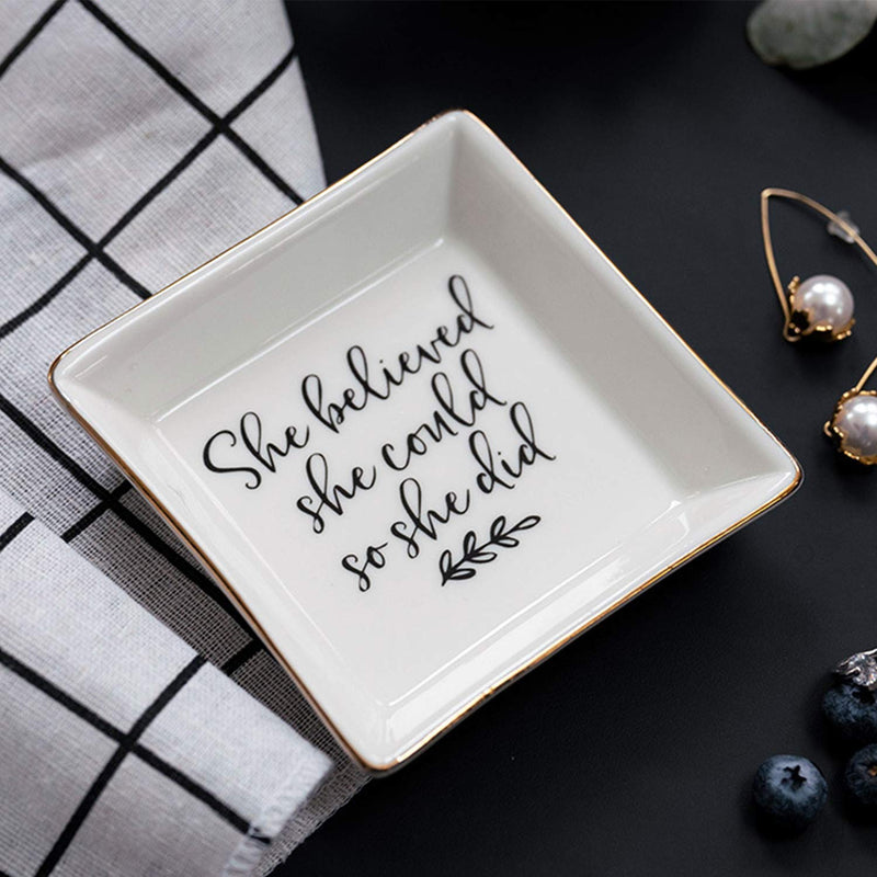 [Australia] - MJartoria Ceramic Jewelry Dish Tray, Square Ring Tray for Jewelry, Trinket Tray with Lettered Jewelry Dish Holder Decor Gifts for Her (She Believed She Could So She Did) White-believe 