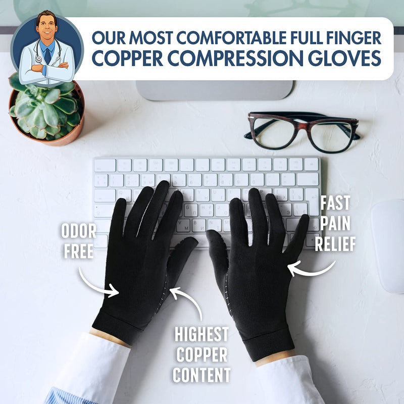 [Australia] - Dr. Frederick's Original Copper Full Finger Arthritis Glove - 2 Gloves - Perfect Computer and Phone Typing Gloves - Fit Guaranteed - Small Full Finger - Black 