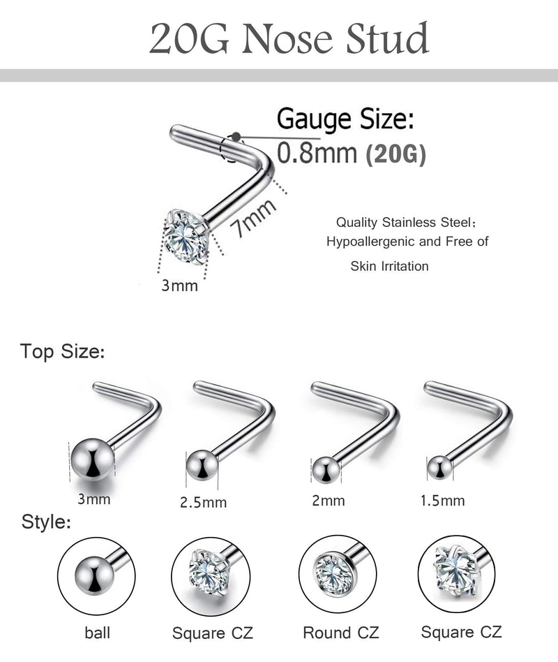 [Australia] - 20G 16Pcs Stainless Steel Stud Nose Ring CZ L Shape Nose Body Piercing for Womens Mens 6.5 Millimeters 20G, L 