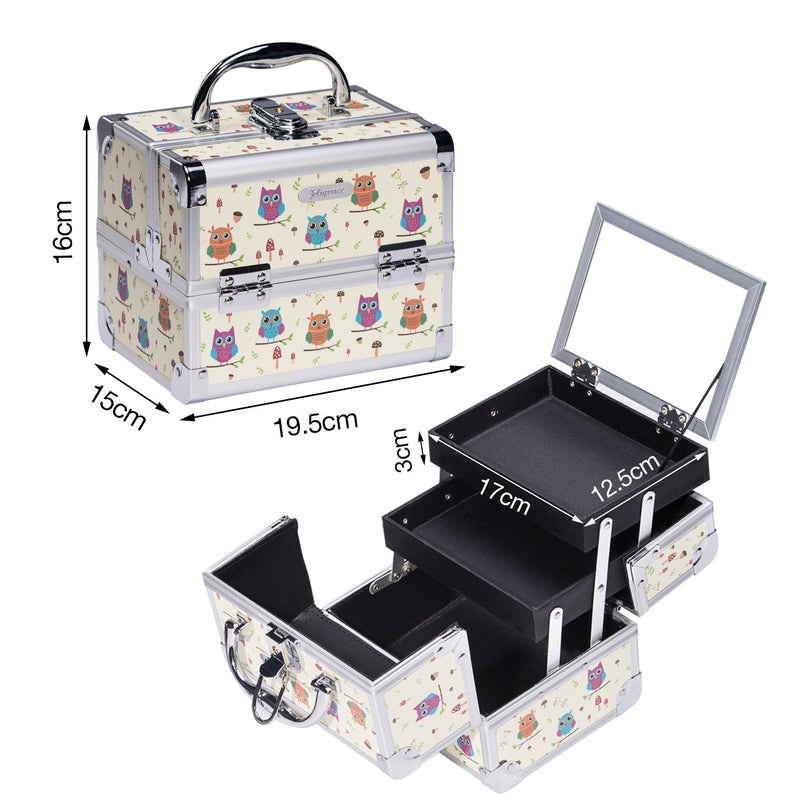 [Australia] - Joligrace Girls Makeup Box with Mirror Cosmetic Case Jewelry Organiser Light Weight Lockable with Keys, Size: 19.5x15x16cm, Funny Owl 