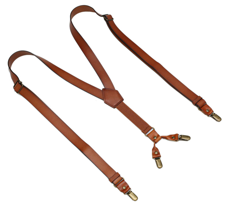 [Australia] - Leather Suspenders for Men Y Back Design Adjustable Suspender with 4 Metal Clips Groomsmen Gift Wedding Brown 