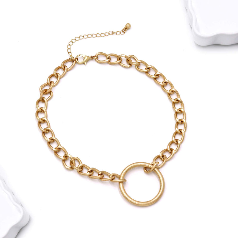 [Australia] - Pomina Thick Chunky Chain Necklace Circle Pendant Gold Silver Link Chain Choker Necklace for Women Teen Girls Circle_Worn Gold 