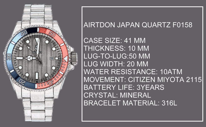 [Australia] - Airton Men's Stainless Steel Casual Japanese-Quartz Water Proof 10AT Diving Watch Black/Black 