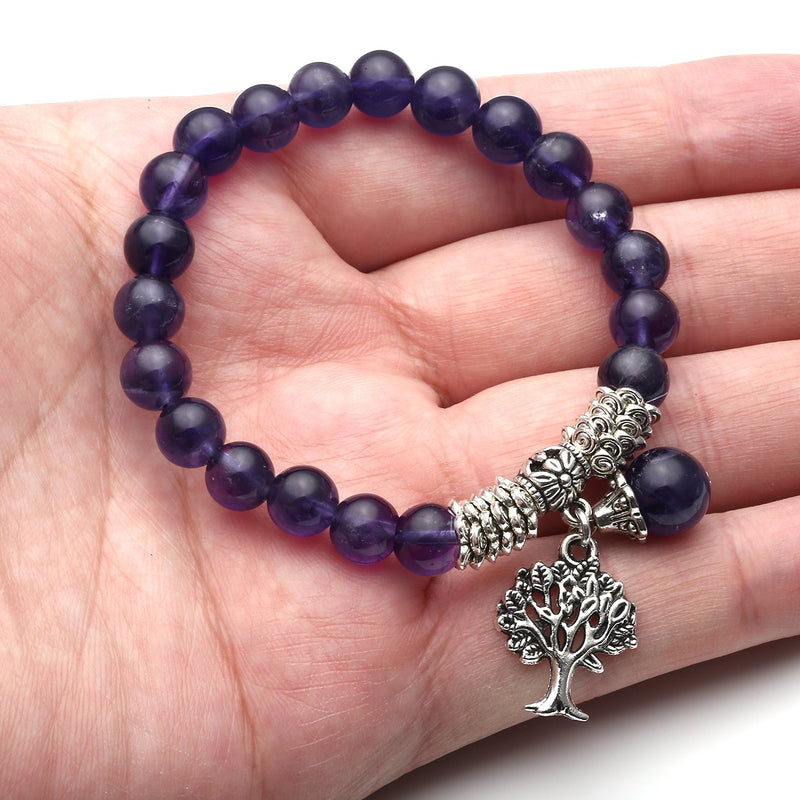 [Australia] - Top Plaza Stretch Rose Quartz Tree of Life Lucky Stone Bracelet Reiki Healing Crystal Gemstone Dangle Charms Pendant Birthstone Bracelet(6.2") Amethyst+Rose Quartz 