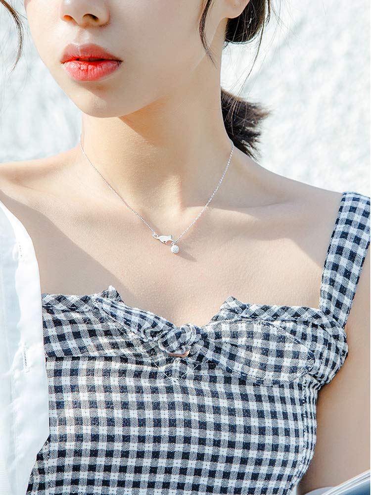 [Australia] - Cute Cat Necklace Crystal Ball Pendant Choker Necklace for Women Teens Baby Girls S925 Sterling Silver Small Polished CZ Diamond Cluster Charm Chain 18" Hypoallergenic Lovely Jewelry 