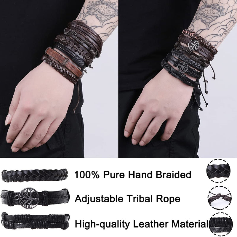 [Australia] - CASDAN 27Pcs Braided Leather Bracelets for Men Women Wooden Beaded Cuff Wrap Bracelet Set Wood Ethnic Tribal Bracelets Adjustable Black and Brown A:Woven Bracelet 
