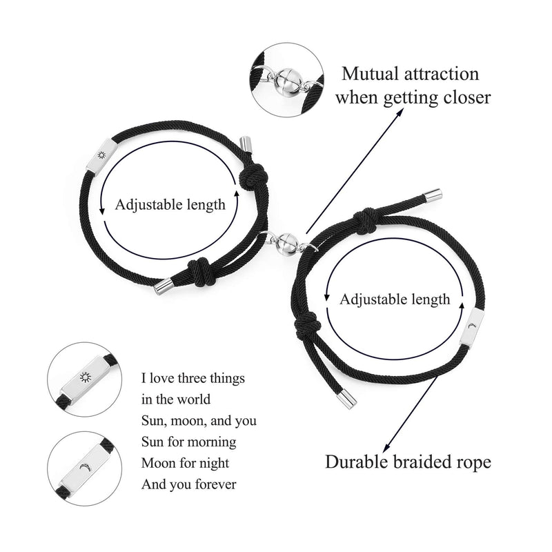 [Australia] - Couple Magnetic Bracelet of Eternal Love|Adjustable Long Distance Bracelets for Couple|Mutual Attraction Couples Bracelets for Boyfriend Girlfriend Anniversary A-Moon and Sun (black) 