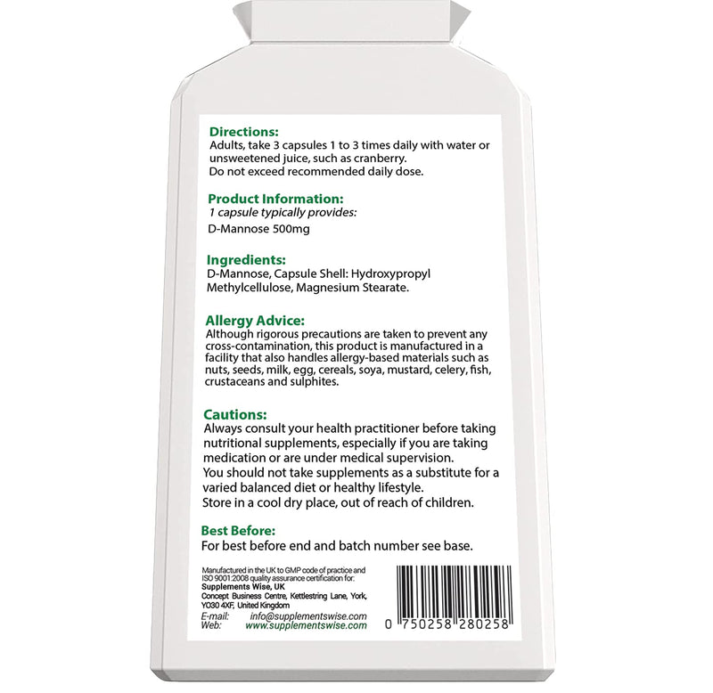 [Australia] - Supplements Wise D-Mannose Capsules - 500mg x 180 - Cystitis Treatment for Women and Men - Urinary Tract, UTI and Bladder Support - 1500mg Dmannose Powder Per Serving - Water Infection Relief 180 Count (Pack of 1) 