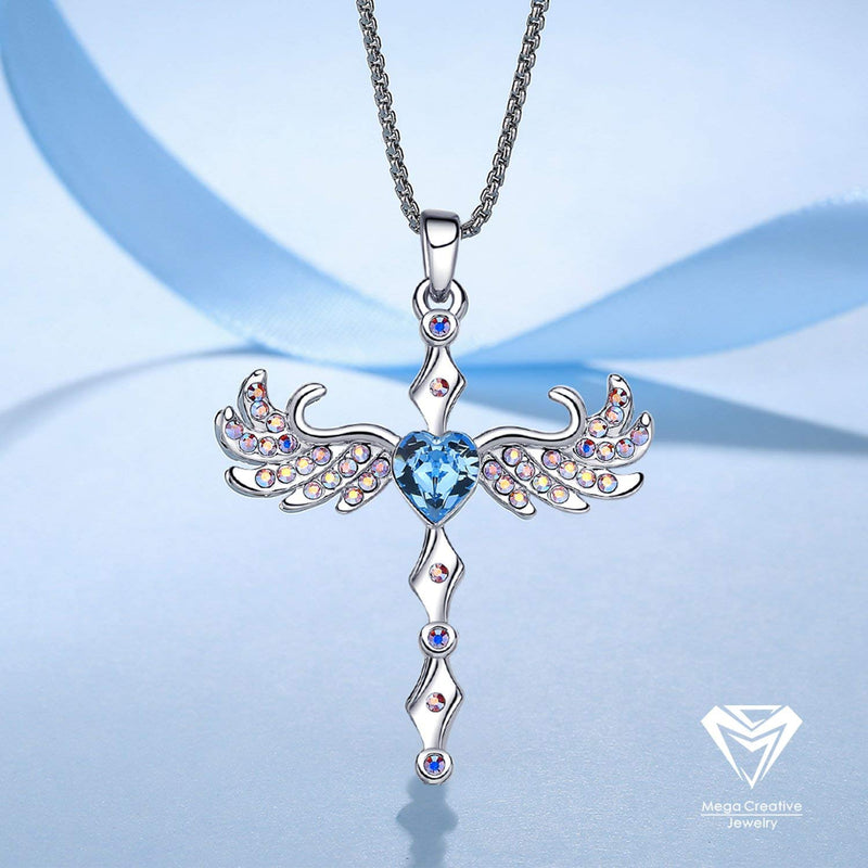 [Australia] - MEGA CREATIVE JEWELRY Cross Angel Wings Blue Heart Pendant Necklace with Crystals from Swarovski 