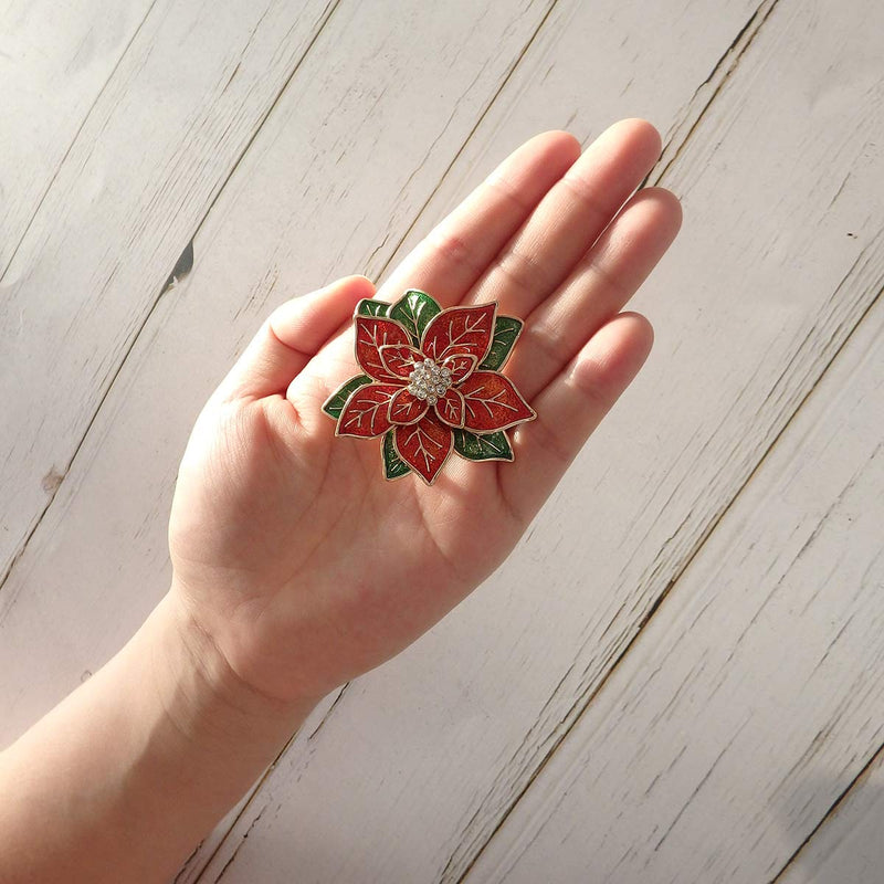 [Australia] - RareLove Big Size 2.2" Pretty Red Green Poinsettia Flower Christmas Pins and Brooches CZ Rhinestone Crystal Brooch Pin Gift For Women Girls Alloy Plated 