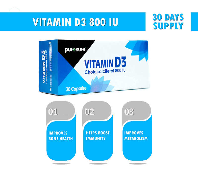 [Australia] - Vitamin D3 800 IU - 30 Capsules - High Potency, Easy to Swallow Pure Vitamin D Softgel Capsules - Vitamin D3 Supplements Helps Boost Health and Immune System 
