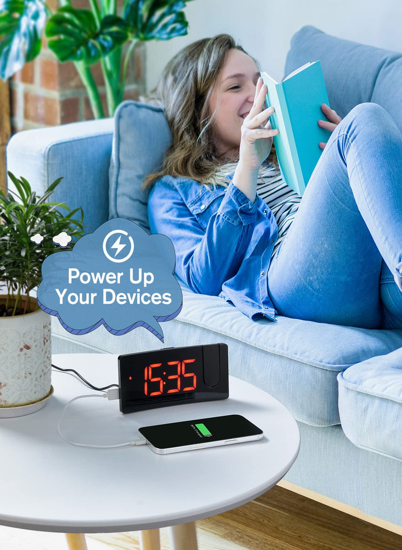 [Australia] - Projection Alarm Clock for Bedrooms, Red Digital Clock Projection on Ceiling Wall with USB Charging Port, 3-Level Brightness 180° Projector and Screen, 12/24H, Snooze, Bedside Clock for Elders, Adults 