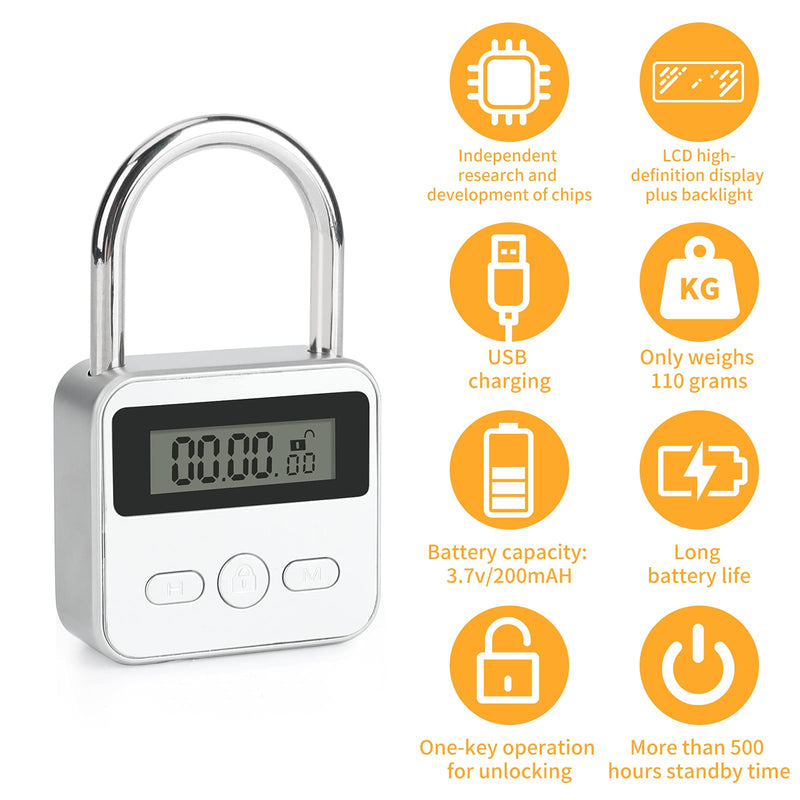 [Australia] - Brynnl Smart Time Lock 99 Hours Max Timing Lock with LCD Display USB Rechargeable Security Padlock Heavy Duty Metal Electronic Timer Lock (Silver) Silver 