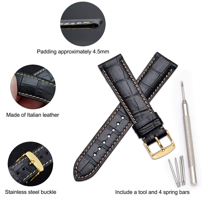 [Australia] - WOCCI 18mm 19mm 20mm 21mm 22mm Alligator Embossed Leather Watch Band, Replacement Strap for Men or Women Band Width: 18mm Black / Contrasting Seam with Gold Buckle 