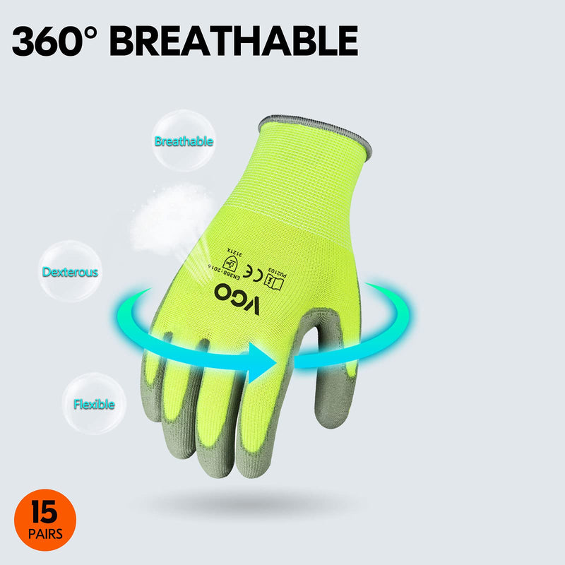 [Australia] - Vgo 15Pairs Safety Work Gloves,Gardening Gloves,Polyurethane Coated,Dipping Gloves,Latex Free(Size S,Fluorescent Yellow,PU2103) S (Pack of 15) Yellow-PU2103 