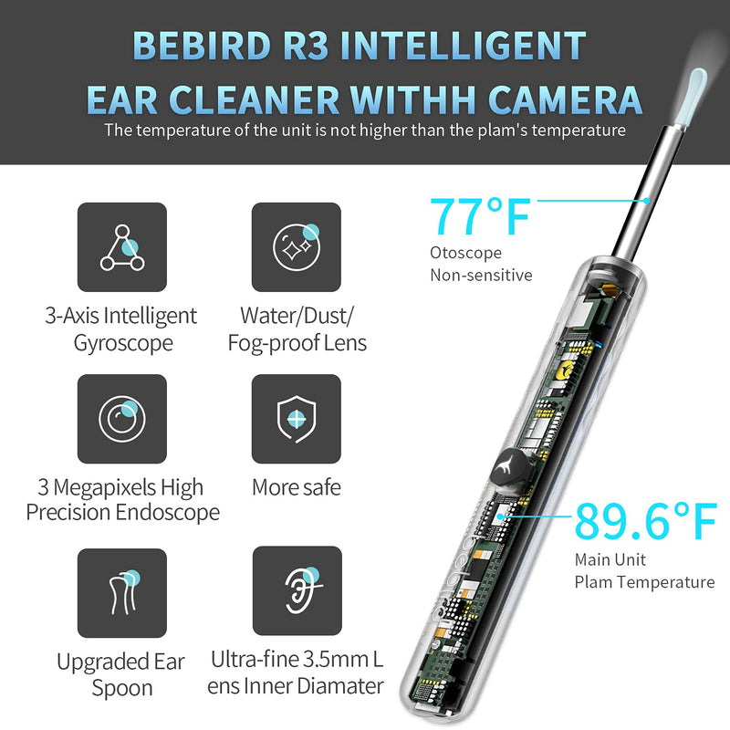 [Australia] - Bebird R3 Ear Wax Removal Tools, Longer Battery Life Than R1, 1080P HD Wireless Earwax Removal Tools with 6 LED Lights, Compatible with iPhone & Android(Black) Black 