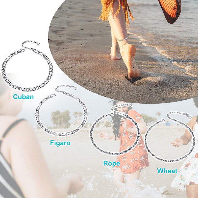 [Australia] - GoldChic Adjustbale Link Chain Anklet for Women Girls, 316L Stainless Steel Figaro/Wheat/Twist Rope/Cuban Foot Bracelet-Waterproof, Resizable 9"-12" (Gift Box Included) 04-Steel 